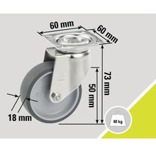 Roată pivotantă cu dimensiunile de 60 mm, 18 mm și 73 mm și o capacitate portantă de 40 kg