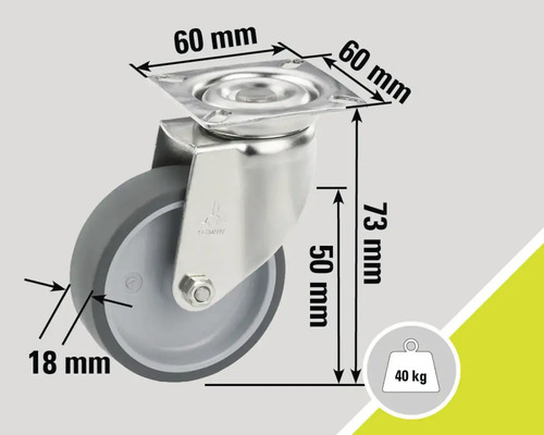 Roată pivotantă cu dimensiunile de 60 mm, 18 mm și 73 mm și o capacitate portantă de 40 kg