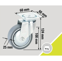 Roată pivotantă cu o capacitate portantă de 55 kilograme și dimensiunile 60 x 60 milimetri, 124 milimetri și 25 milimetri