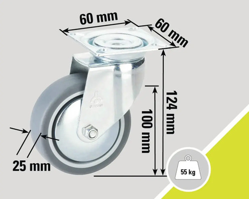 Roată pivotantă cu o capacitate portantă de 55 kilograme și dimensiunile 60 x 60 milimetri, 124 milimetri și 25 milimetri