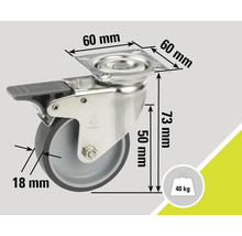 Rotiță pivotantă cu frână și dimensiuni: placă de montaj de 60 mm, grosime roată de 18 mm, înălțime de construcție de 73 mm, capacitate portantă de 40 kg