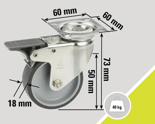 Rotiță pivotantă cu frână și dimensiuni: placă de montaj de 60 mm, grosime roată de 18 mm, înălțime de construcție de 73 mm, capacitate portantă de 40 kg