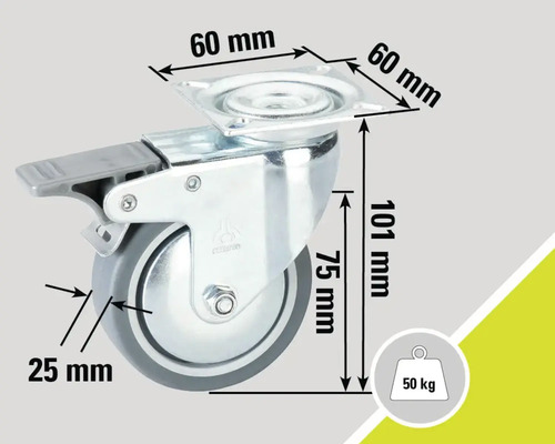 Rotilă pentru mobilă cu frână, dimensiuni 60 x 60 x 101 mm, capacitate portantă 50 kg