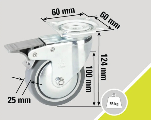 Roată pivotantă cu frână și dimensiuni: placă de 60 mm x 60 mm, înălțime de 124 mm, diametru roată de 100 mm, lățime roată de 25 mm, capacitate portantă de 55 kg