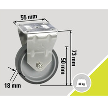 Roată pivotantă cu dimensiunile de 55 mm, 73 mm și 18 mm și o capacitate portantă de 40 kg