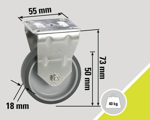 Roată pivotantă cu dimensiunile de 55 mm, 73 mm și 18 mm și o capacitate portantă de 40 kg