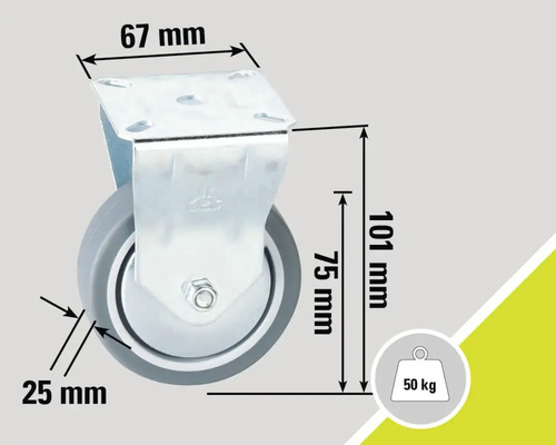 Roată pivotantă cu dimensiunile 67 mm x 25 mm x 101 mm și o capacitate portantă de 50 kg
