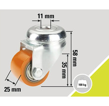 Roată pivotantă cu dimensiunile de 58 mm înălțime, 25 mm diametrul roții și 11 mm diametrul găurii, capacitate portantă de 100 kg