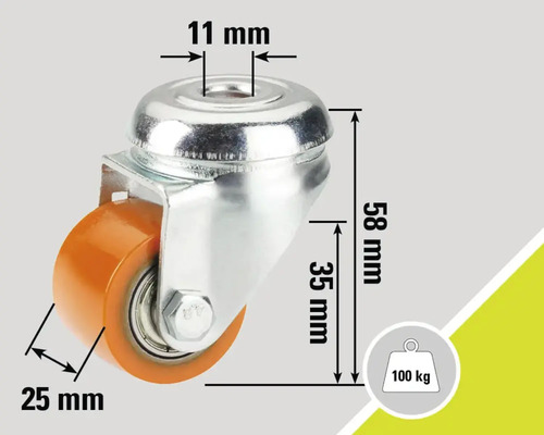 Roată pivotantă cu dimensiunile de 58 mm înălțime, 25 mm diametrul roții și 11 mm diametrul găurii, capacitate portantă de 100 kg