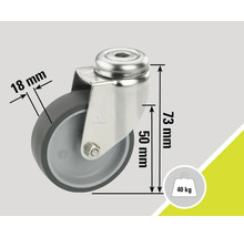 Roată pivotantă cu dimensiunile 73 mm înălțime, 50 mm diametru și 18 mm lățime roată pentru o sarcină maximă de 40 kg