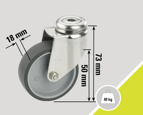 Roată pivotantă cu dimensiunile 73 mm înălțime, 50 mm diametru și 18 mm lățime roată pentru o sarcină maximă de 40 kg