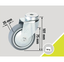 Roată pivotantă cu un diametru de 75 milimetri și o capacitate portantă de 50 kilograme.