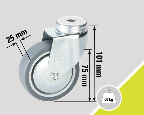 Roată pivotantă cu un diametru de 75 milimetri și o capacitate portantă de 50 kilograme.