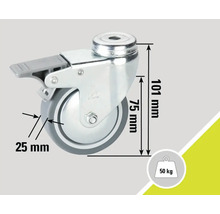 Roată pivotantă cu frână și dimensiuni: grosime roată 25 mm, diametru roată 75 mm, înălțime construcție 101 mm, capacitate portantă 50 kg