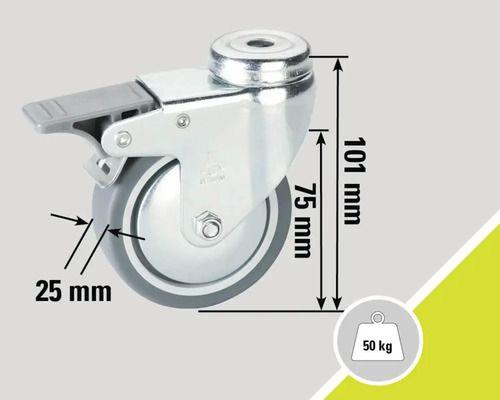 Roată pivotantă cu frână și dimensiuni: grosime roată 25 mm, diametru roată 75 mm, înălțime construcție 101 mm, capacitate portantă 50 kg