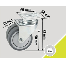 Rotiță pivotantă cu dimensiunile 60 mm, 18 mm, 73 mm, 50 mm și o capacitate portantă de 80 kg
