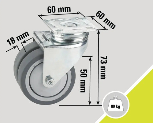 Rotiță pivotantă cu dimensiunile 60 mm, 18 mm, 73 mm, 50 mm și o capacitate portantă de 80 kg
