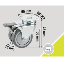 Roată pivotantă cu frână și dimensiunile 60 mm, 73 mm, 50 mm și 18 mm, capacitate portantă 80 kg