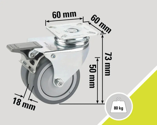 Roată pivotantă cu frână și dimensiunile 60 mm, 73 mm, 50 mm și 18 mm, capacitate portantă 80 kg