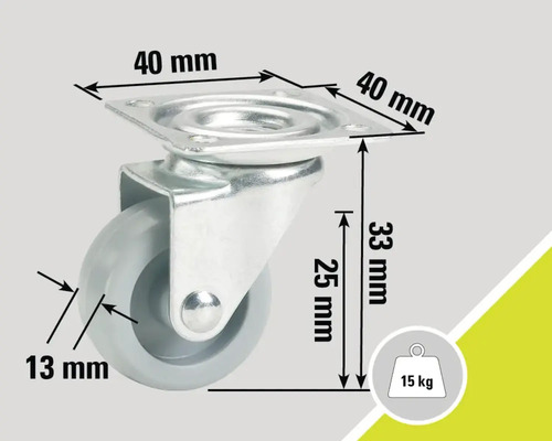 Roată pivotantă cu placă de 40 milimetri și capacitate portantă de 15 kilograme