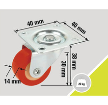 Roată pivotantă cu o capacitate de încărcare de 20 de kilograme și dimensiuni de 40 x 40 x 38 milimetri