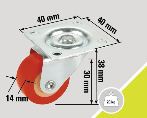Roată pivotantă cu o capacitate de încărcare de 20 de kilograme și dimensiuni de 40 x 40 x 38 milimetri