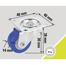 Roată pivotantă cu o capacitate de încărcare de 20 kilograme și dimensiunile de 40 x 40 x 38 milimetri