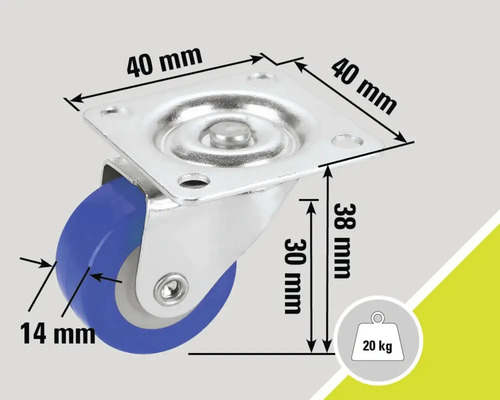 Roată pivotantă cu o capacitate de încărcare de 20 kilograme și dimensiunile de 40 x 40 x 38 milimetri