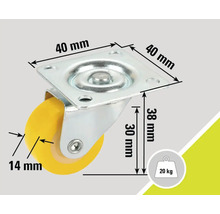 Rotiță pivotantă cu dimensiunile de 40 x 40 milimetri, înălțime de montare de 38 milimetri, grosimea roții de 14 milimetri și capacitate portantă de 20 de kilograme