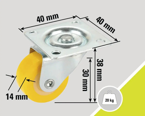 Rotiță pivotantă cu dimensiunile de 40 x 40 milimetri, înălțime de montare de 38 milimetri, grosimea roții de 14 milimetri și capacitate portantă de 20 de kilograme