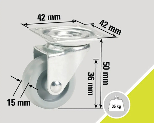 Rotiță pivotantă cu dimensiunile plăcii de montare de 42 mm x 42 mm și înălțimea de 50 mm, capacitate portantă 35 kg