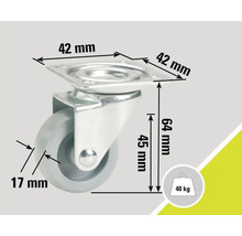 Rotilă pentru mobilă cu o capacitate portantă de 40 de kilograme și dimensiunile 42 x 42 x 64 milimetri