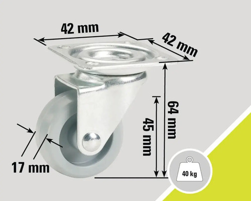 Rotilă pentru mobilă cu o capacitate portantă de 40 de kilograme și dimensiunile 42 x 42 x 64 milimetri