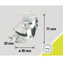 Rotiță pentru mobilă cu diametrul de 40 mm, capacitate portantă de 25 kg și înălțime de 71 mm.