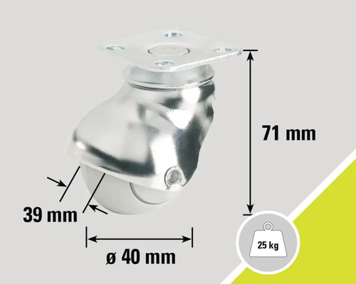 Rotiță pentru mobilă cu diametrul de 40 mm, capacitate portantă de 25 kg și înălțime de 71 mm.