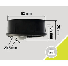 Desen tehnic rolă pivotantă cu dimensiunile 52 mm, 28 mm, 16,5 mm și 20,5 mm și o capacitate portantă de 35 kg
