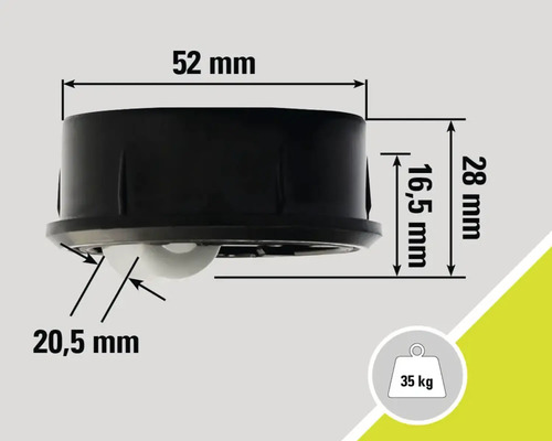 Desen tehnic rolă pivotantă cu dimensiunile 52 mm, 28 mm, 16,5 mm și 20,5 mm și o capacitate portantă de 35 kg