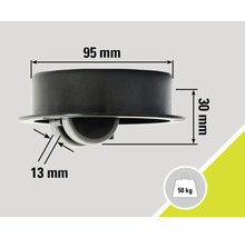 Desen tehnic al unei role de mobilă cu dimensiunile de 95 mm lățime și 30 mm înălțime, capacitate portantă de 50 kg