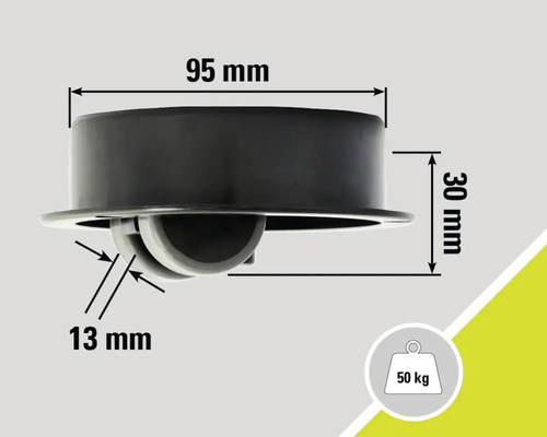 Desen tehnic al unei role de mobilă cu dimensiunile de 95 mm lățime și 30 mm înălțime, capacitate portantă de 50 kg