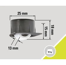 Rulou pentru mobilă cu o capacitate portantă de 50 de kilograme și dimensiunile de 25 mm x 18 mm x 15 mm x 13 mm
