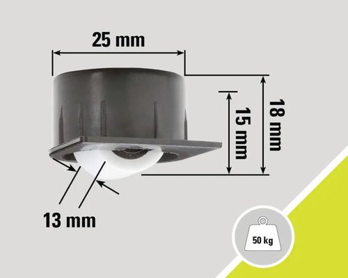 Rulou pentru mobilă cu o capacitate portantă de 50 de kilograme și dimensiunile de 25 mm x 18 mm x 15 mm x 13 mm