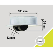 Rotiță pentru mobilă cu dimensiunile de 105 mm lățime și 30 mm înălțime, capacitate portantă de 50 kg