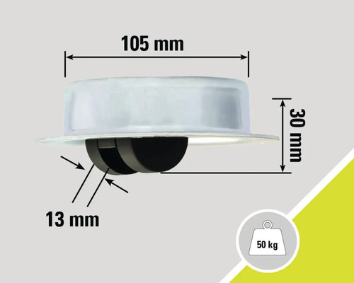 Rotiță pentru mobilă cu dimensiunile de 105 mm lățime și 30 mm înălțime, capacitate portantă de 50 kg