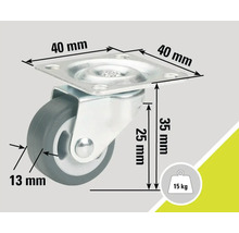Rotiță pivotantă cu dimensiunile 40 x 40 mm, înălțime de 35 mm și o capacitate portantă de 15 kg