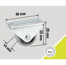 Rotiță cu placă și dimensiunile de 40 mm, 28 mm și 14 mm. Sarcină maximă de până la 40 kg.