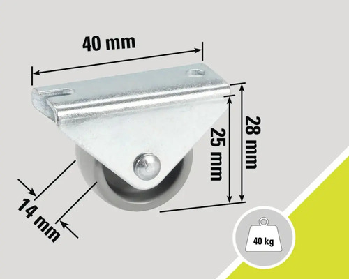 Rotiță cu placă și dimensiunile de 40 mm, 28 mm și 14 mm. Sarcină maximă de până la 40 kg.