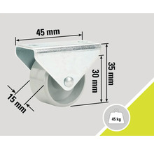 Rotiță pivotantă cu o capacitate portantă de 45 de kilograme și dimensiunile de 45 mm, 35 mm, 30 mm și 15 mm.