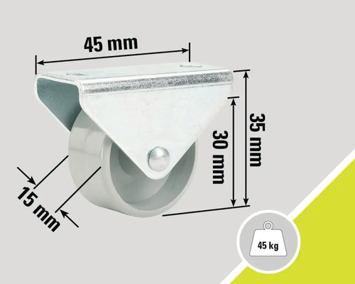 Rotiță pivotantă cu o capacitate portantă de 45 de kilograme și dimensiunile de 45 mm, 35 mm, 30 mm și 15 mm.