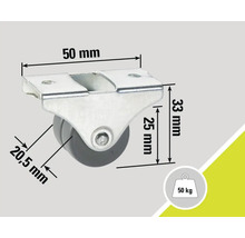 Rotiță pentru mobilă cu o capacitate portantă de 50 de kilograme și indicații de dimensiuni