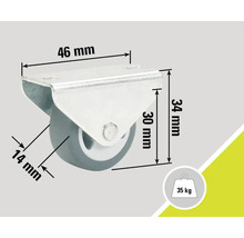 Roată pivotantă cu dimensiunile de 46 mm, 34 mm și 14 mm și o capacitate portantă de 35 kg
